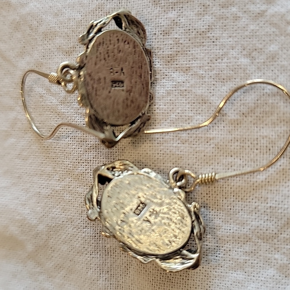 Green Amber Silver Sterling Dangle Earrings - Picture 2 of 3